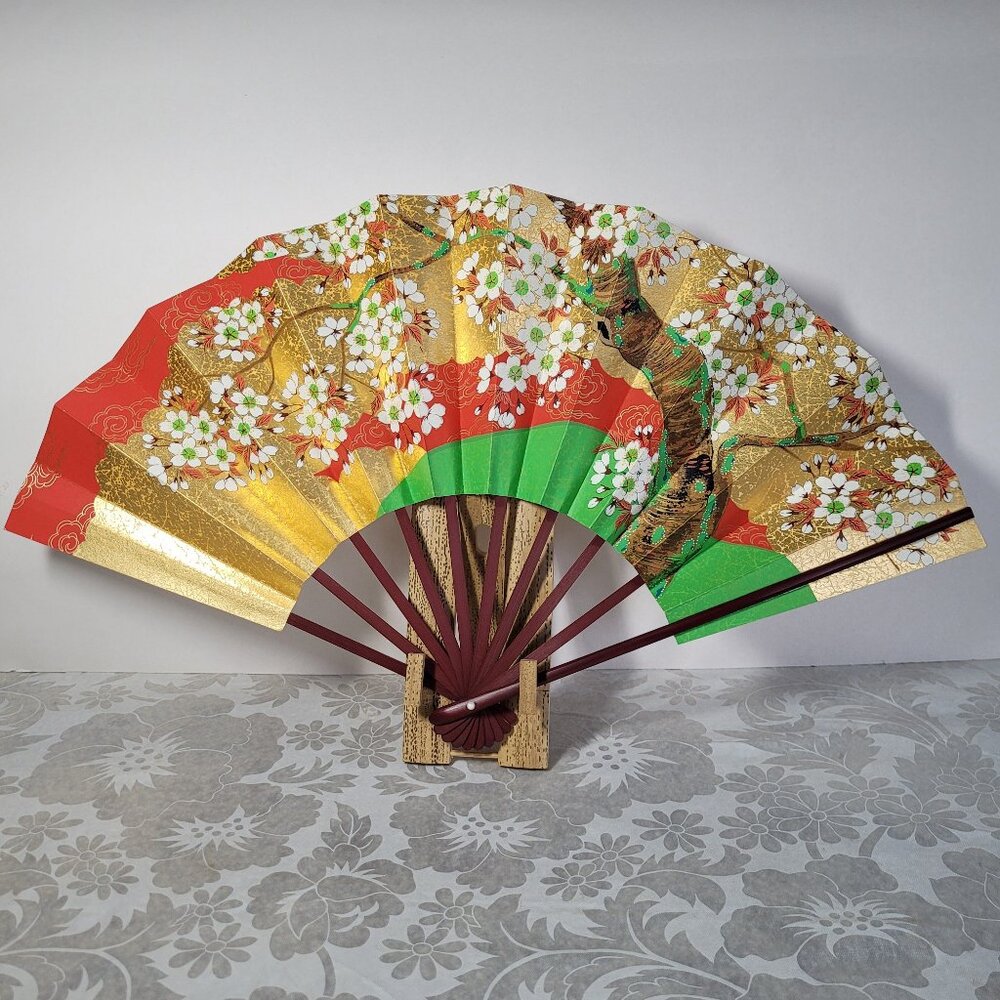 Vintage NEW Japanese Decorative Folding Sakura Sensu Fan with Stand/Wall Hanger